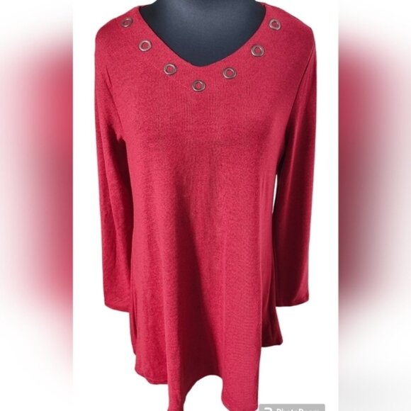 DOMANI Cotton Blend V Neck Long Sleeve Red Tunic Top Size Large NWT - Picture 2 of 7